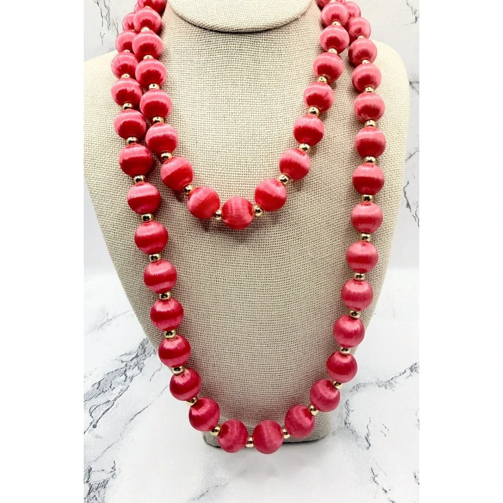 Vintage Coral Pink Fabric Wrapped Bead Necklace Gold Spacers 30
